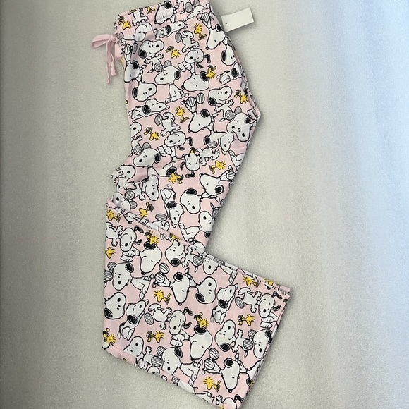 🆕 Peanuts Snoopy Pajama Pants Woodstock Drawstring Front Pockets Pink XL Juniors - Picture 2 of 7